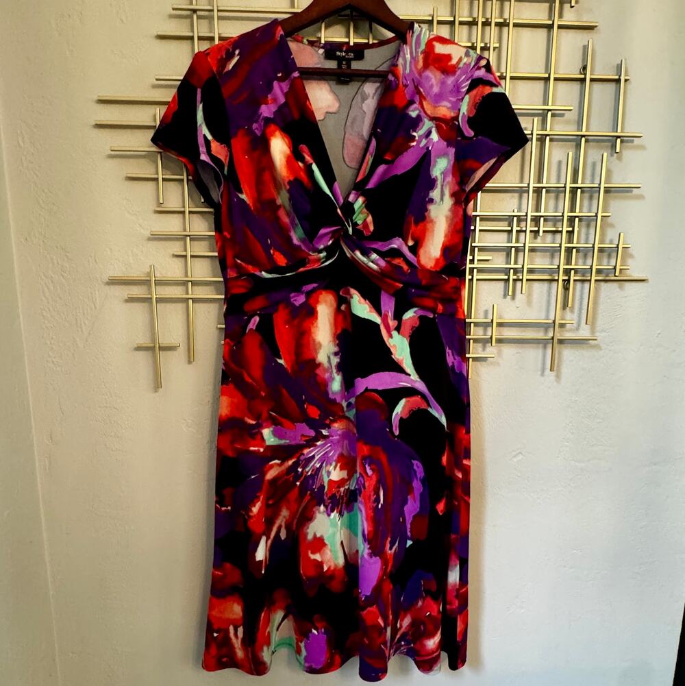 Style & Co Floral Twist Front Midi Dress Size 12 Shoulder Pads Stretch